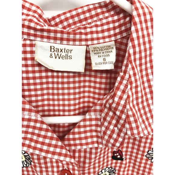 Baxter & Wells Red White Plaid Check Shirt Embroidered Lady Bugs Butterflies S - Picture 2 of 6